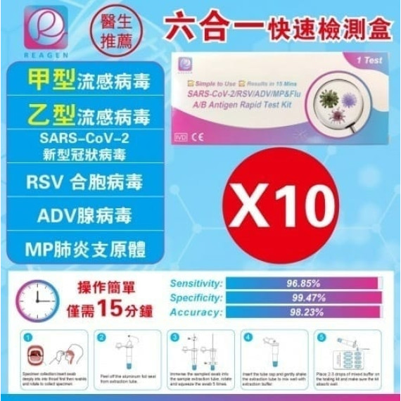 REAGEN（6合1）新冠病毒/甲/⼄型流感/RSV合胞/ADV腺病毒/MP&Flu肺炎快速抗原檢測試劑盒10支（獨立包裝）(early Jun)